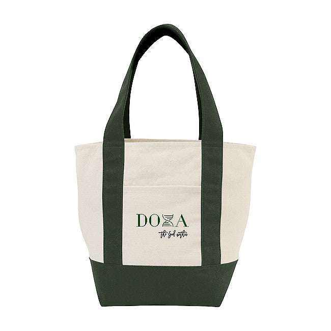 A canvas tote bag with an off-white body, dark green handles and bottom panels, and a front pocket printed with the green text 'DOXA' and smaller black script 'the God within'.
