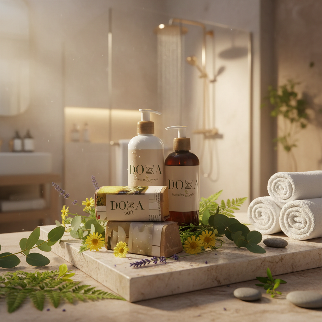 Elegant bathroom background with shower, natural ingredients, 